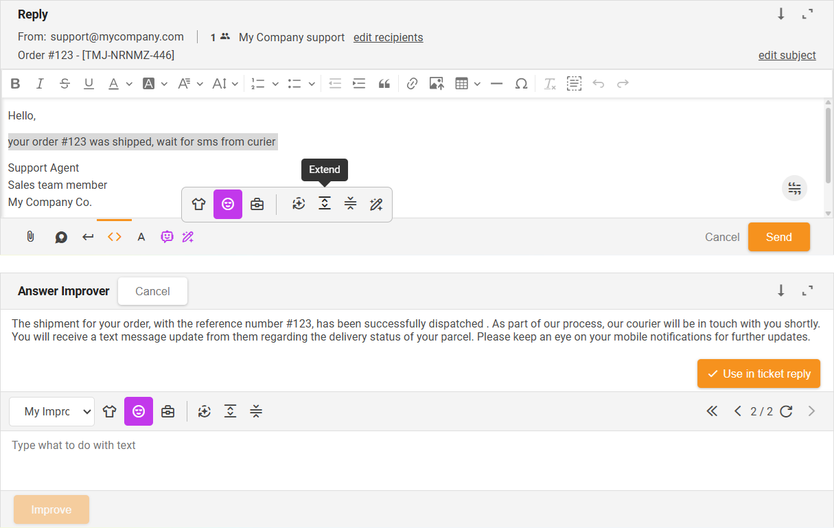 Extend-funktio AI Answer Improver - käyttöliittymän yleiskatsaus