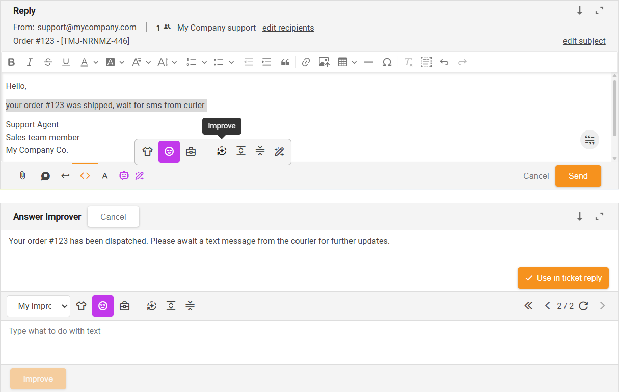 Improve-funktio AI Answer Improver - käyttöliittymän yleiskatsaus