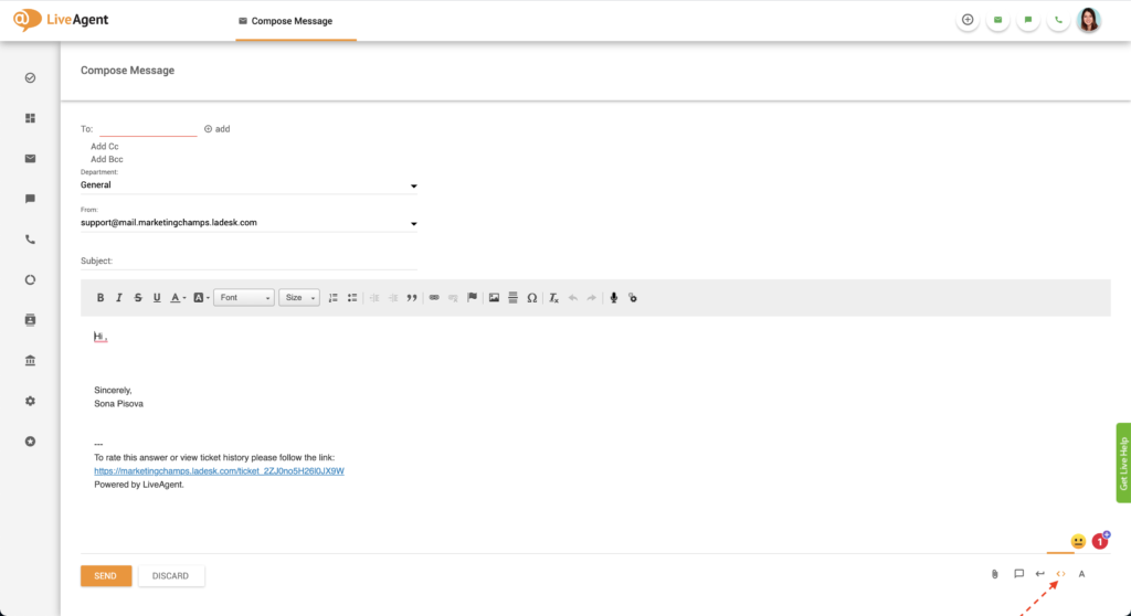 HTML-editorin painike LiveAgentissa