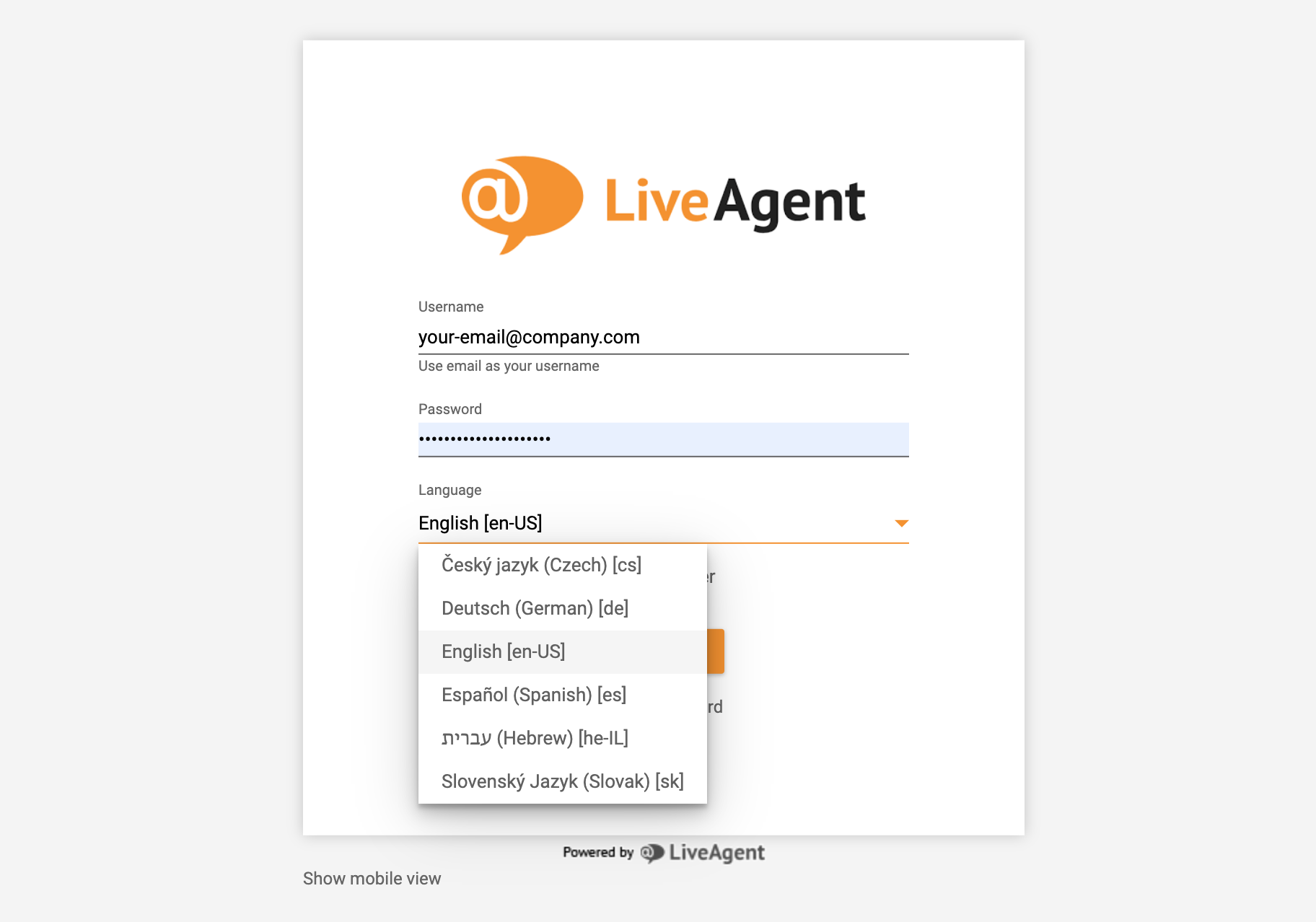 LiveAgent-kirjautuminen - kielivalinta