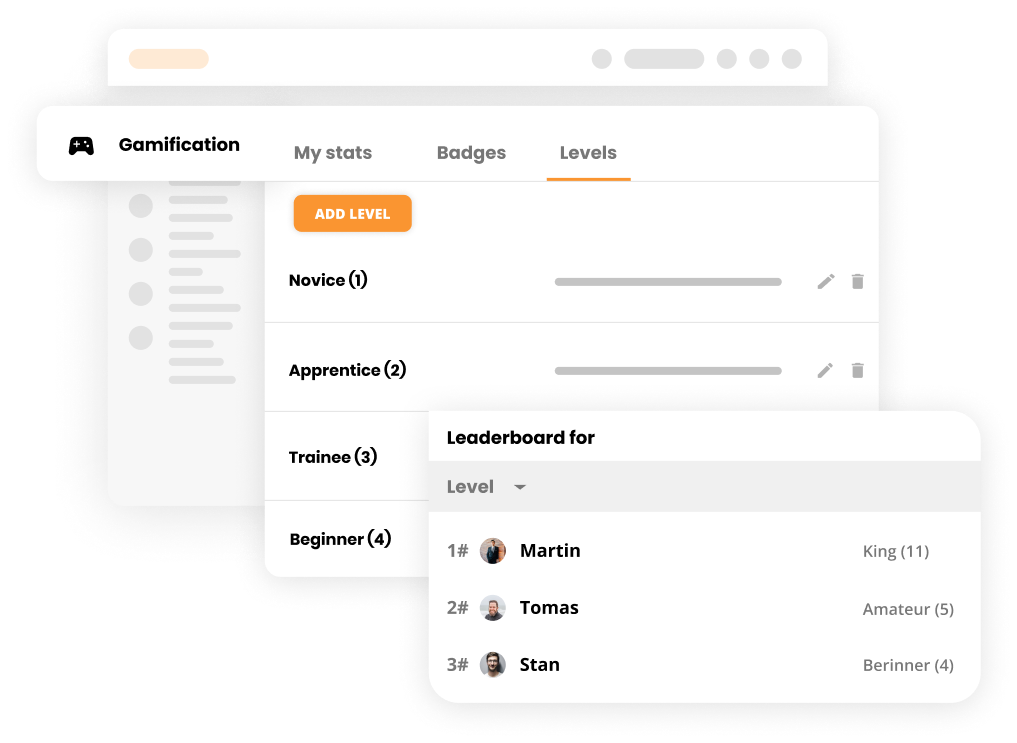 Tasojen johtotaulu, joka näyttää agentin edistymisen
