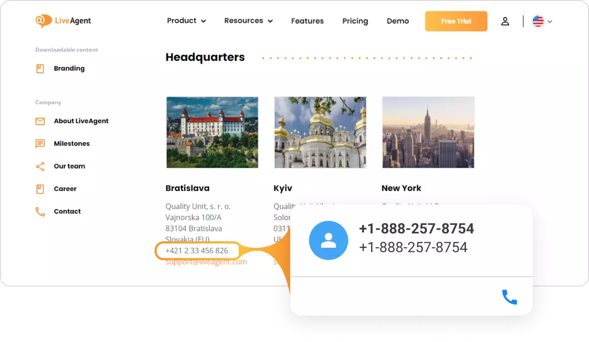 LiveAgentin paina-soita-yhteystietokortti