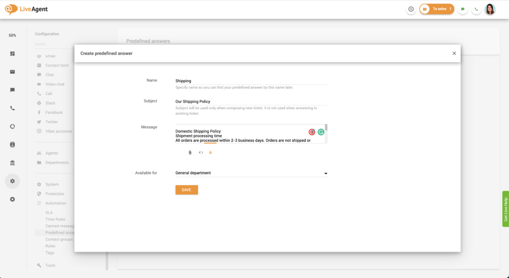 Ennalta määriteltyjen vastausten asetukset LiveAgentissa