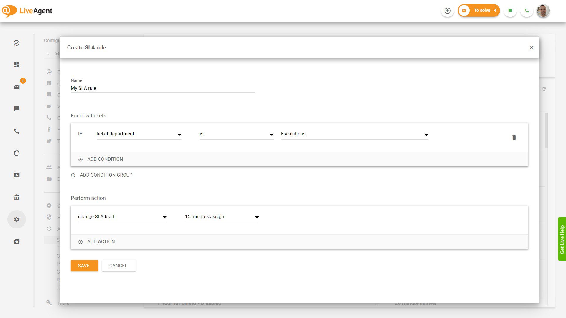 SLA-säännön luominen LiveAgent:issa