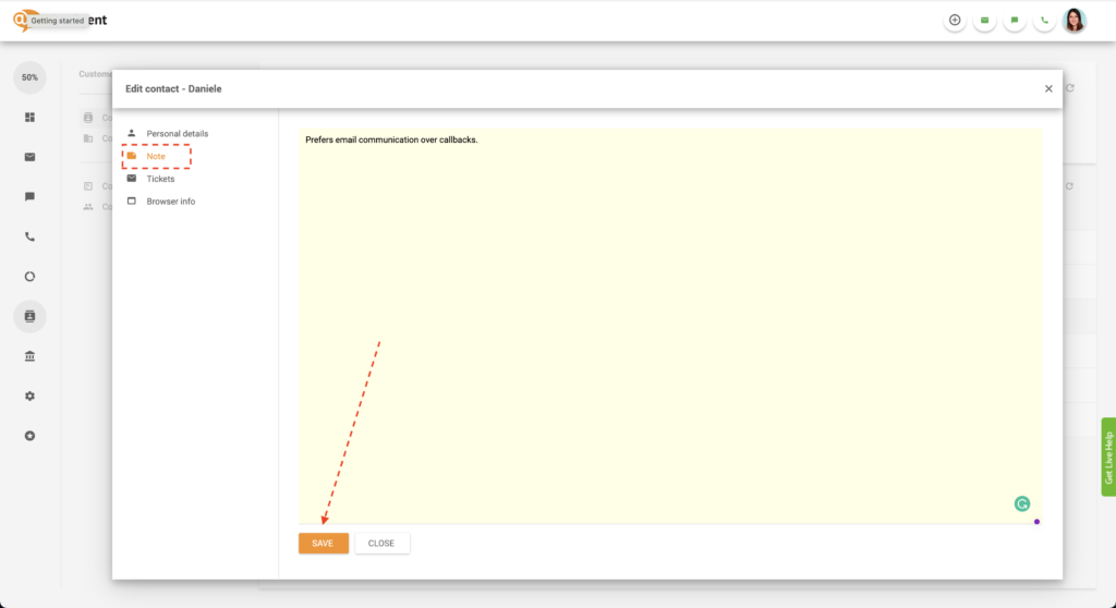 Tallenna yhteystiedon muistiinpano LiveAgentissa