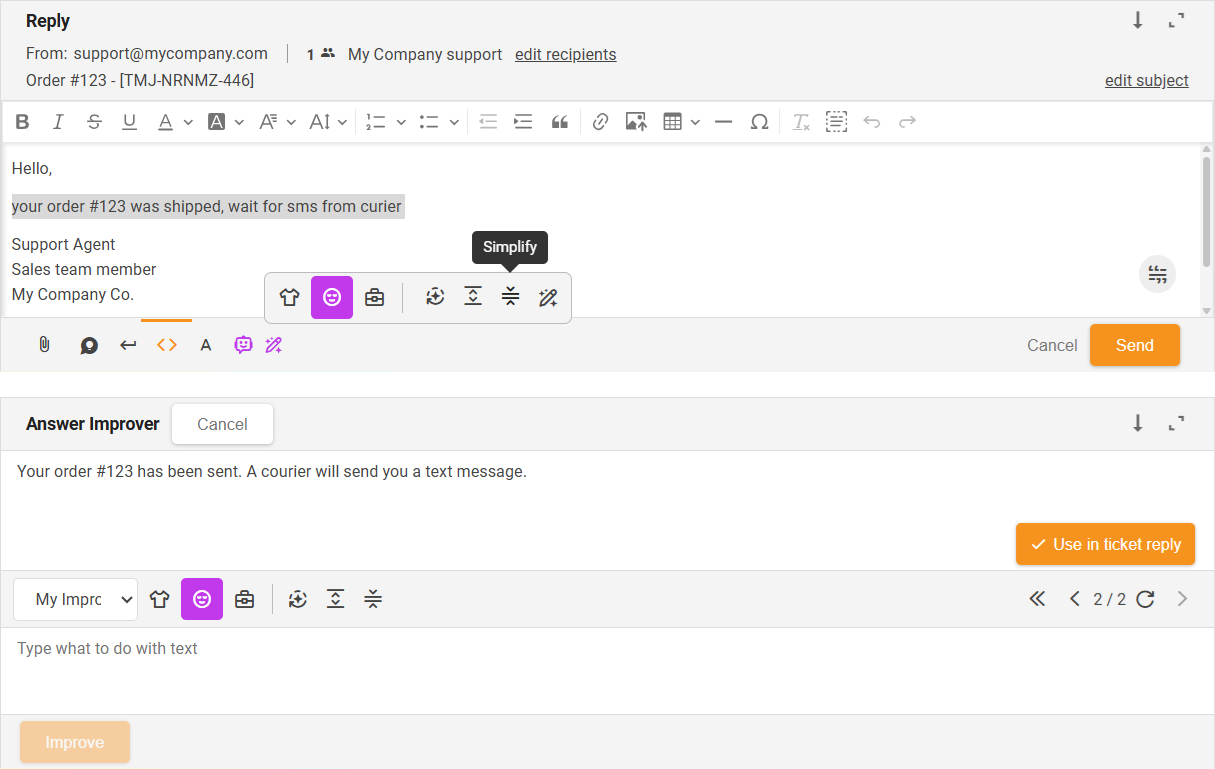 Simplify-funktio AI Answer Improver - käyttöliittymän yleiskatsaus