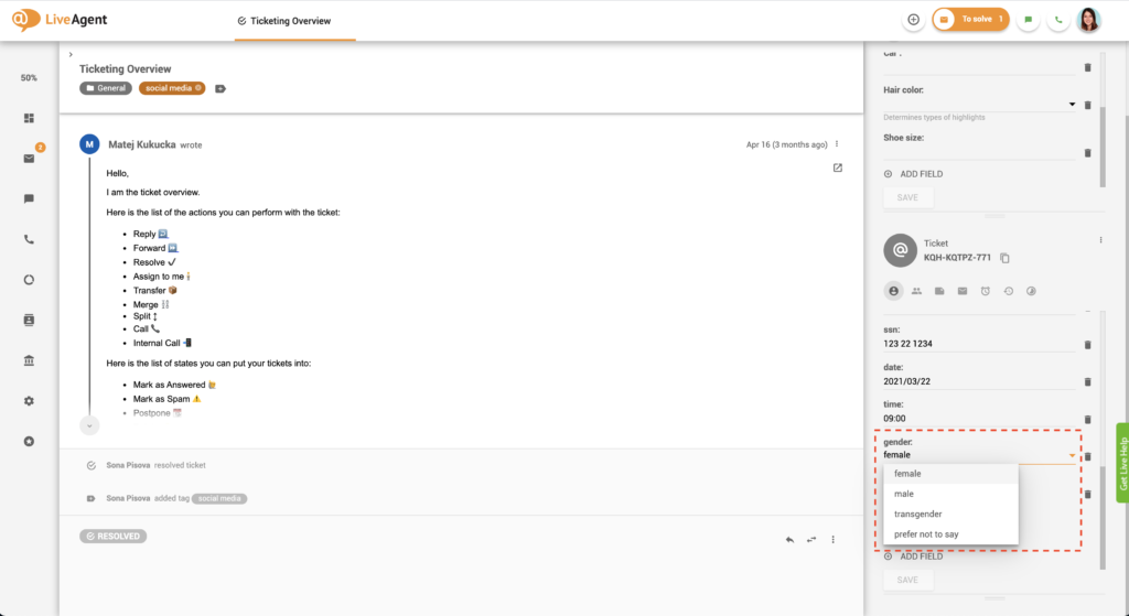 Tikettikentän valintalistaesimerkki