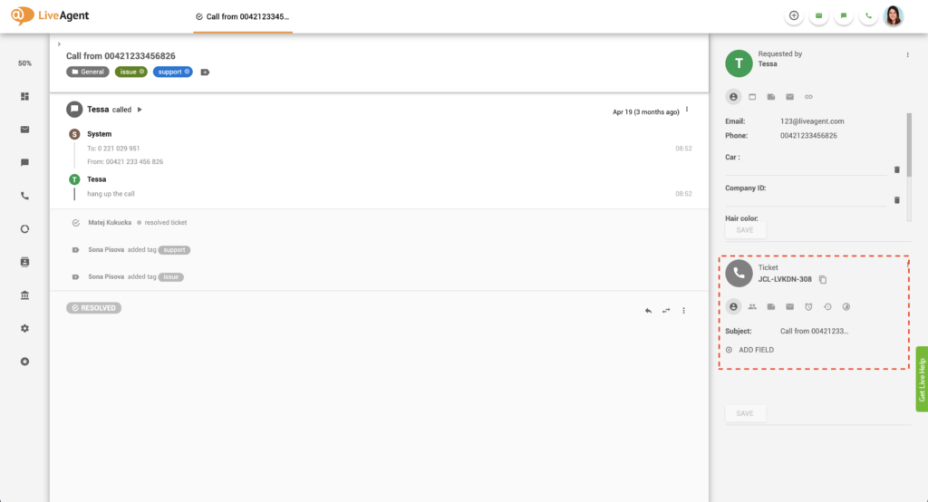 Lipun tietopaneeli LiveAgentissa