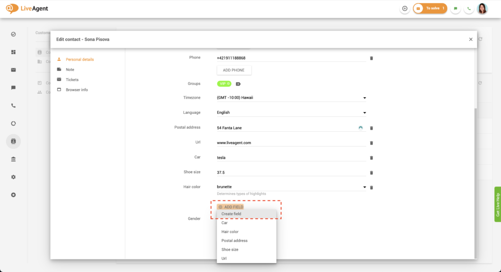 Kentän luominen yhteystiedossa