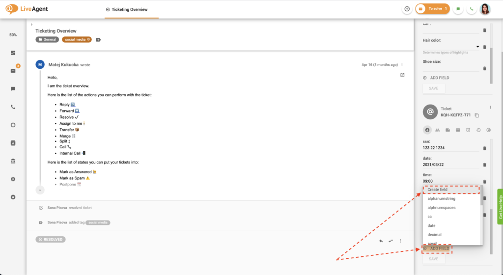 Uuden tikettikentän lisääminen tikettinäkymässä
