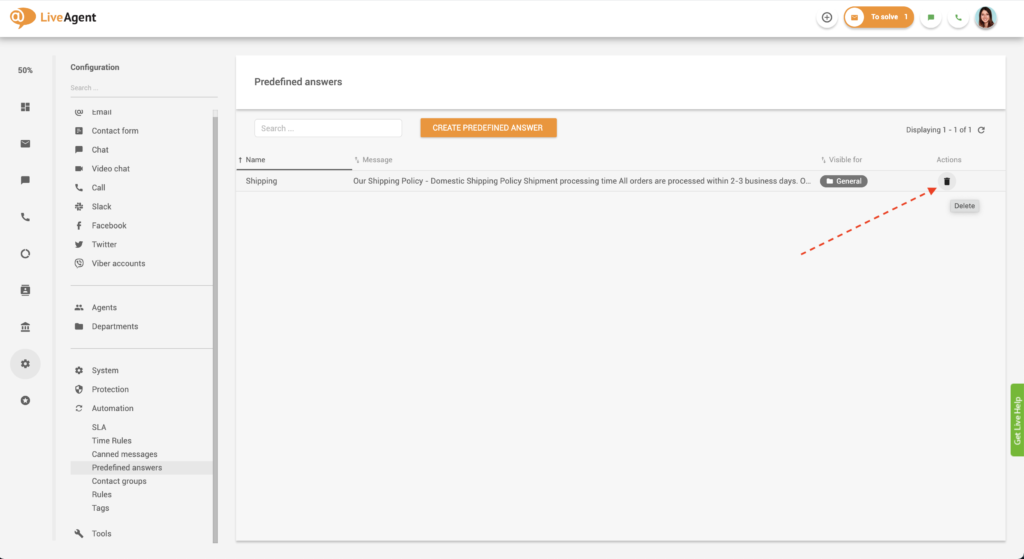 Ennalta määritellyn vastauksen poistaminen LiveAgentissa