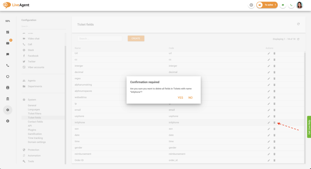 Tikettikentän poistaminen
