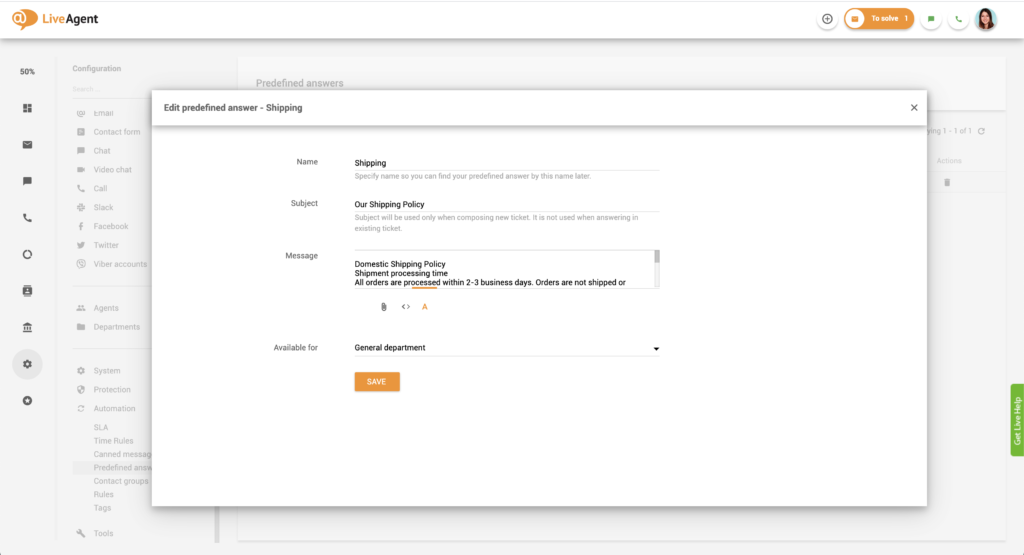 Ennalta määriteltyjen vastausten muokkaaminen LiveAgentissa