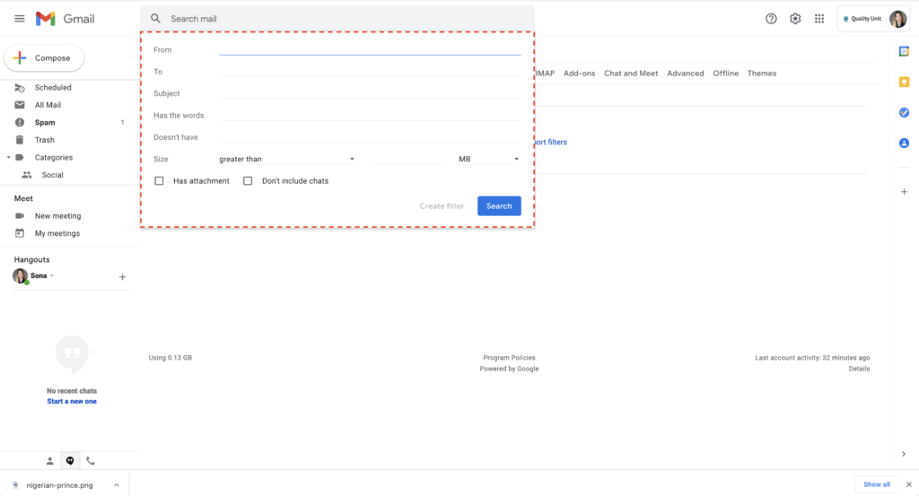 Gmail roskapostin suodatusesimerkki 2