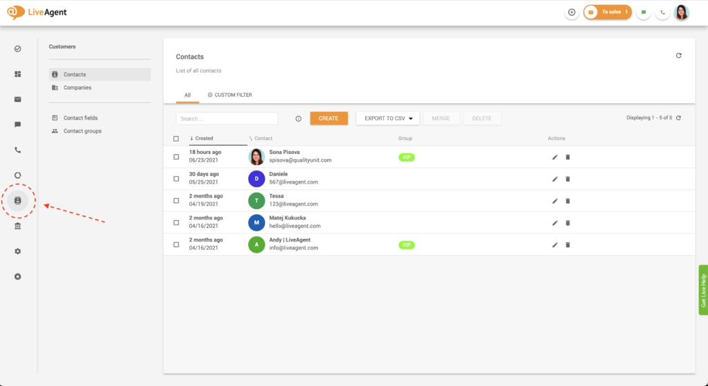 Yhteystietojen löytäminen LiveAgentissa