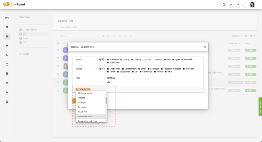 LiveAgent asiakassuodattimen lisääminen