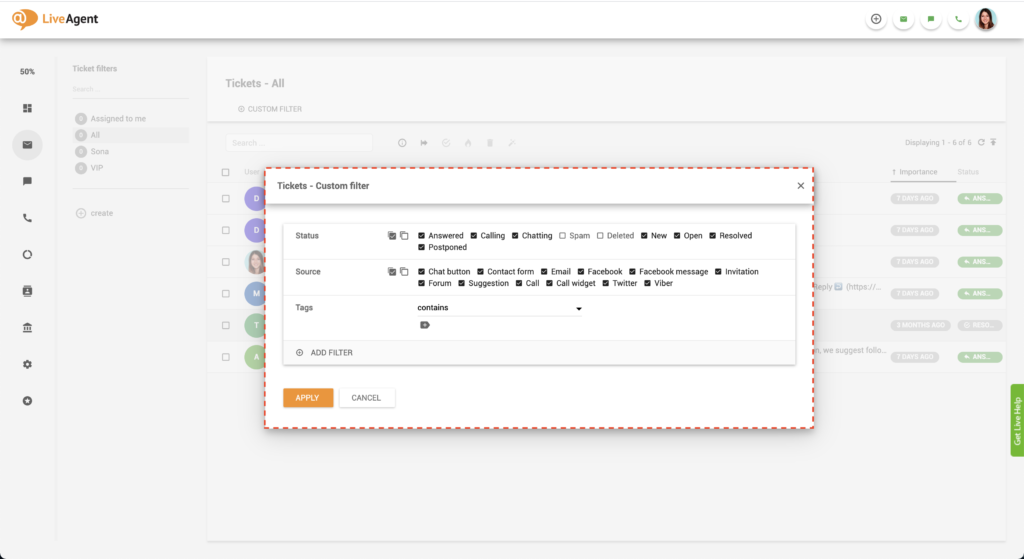 LiveAgent suodattimen valinta