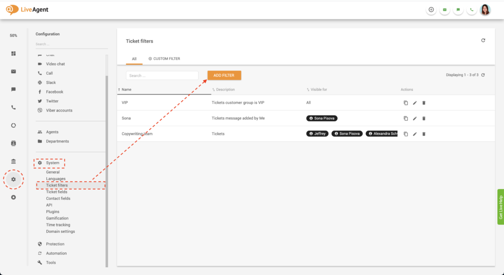 LiveAgent luo globaali suodatin