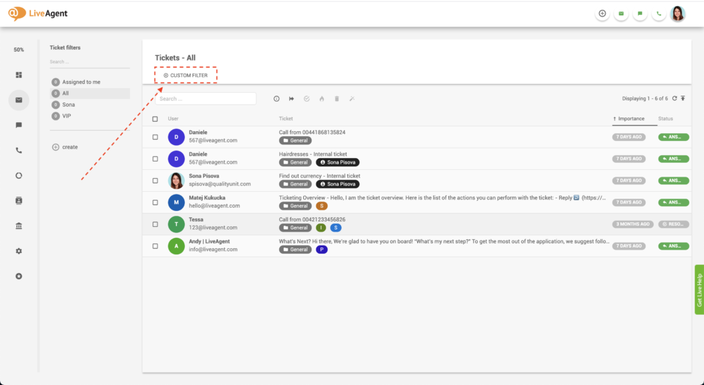 LiveAgent mukautettu suodatin