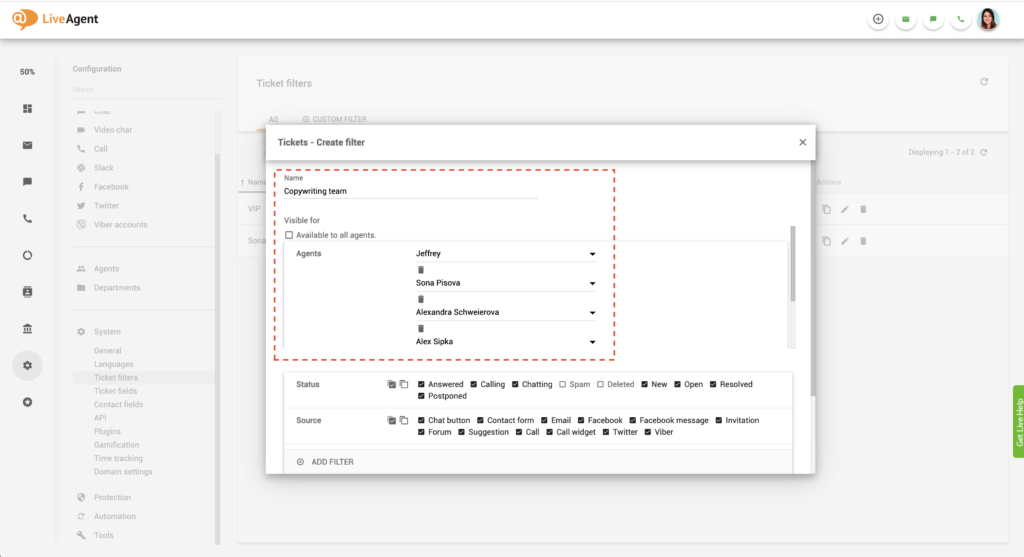 LiveAgent globaali suodatin