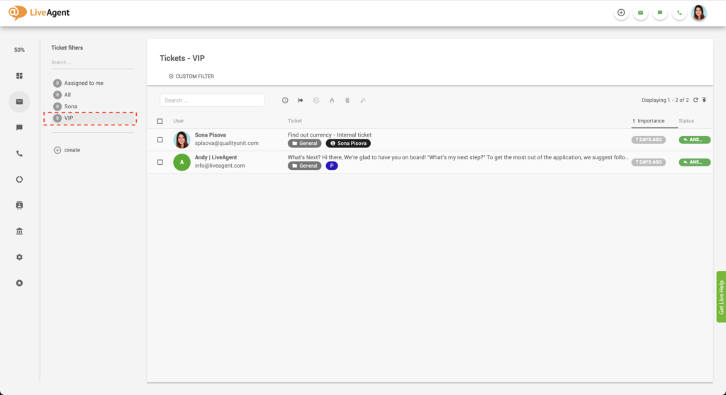 LiveAgent VIP-lipun suodatin