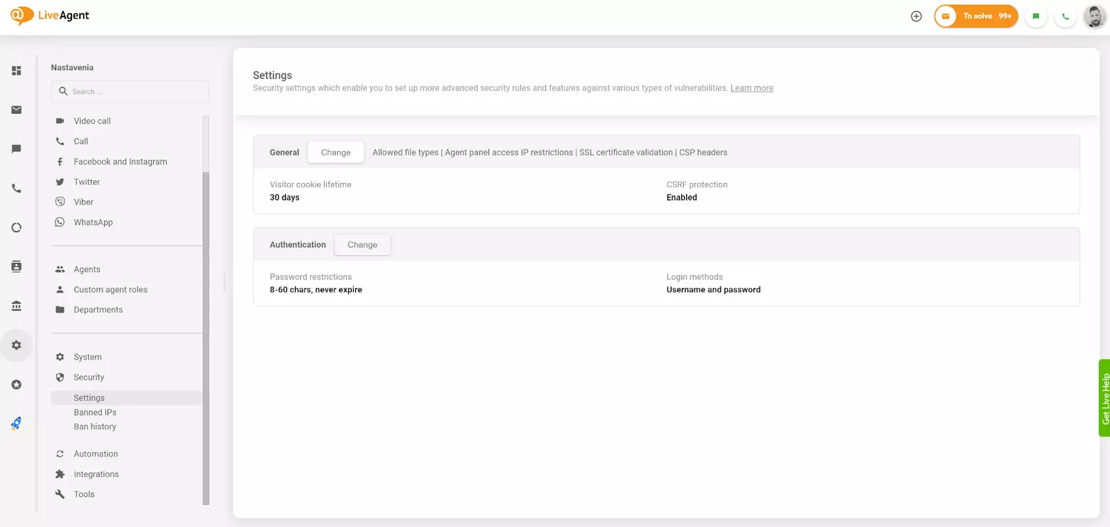Muuta todentamisasetusta LiveAgentissa