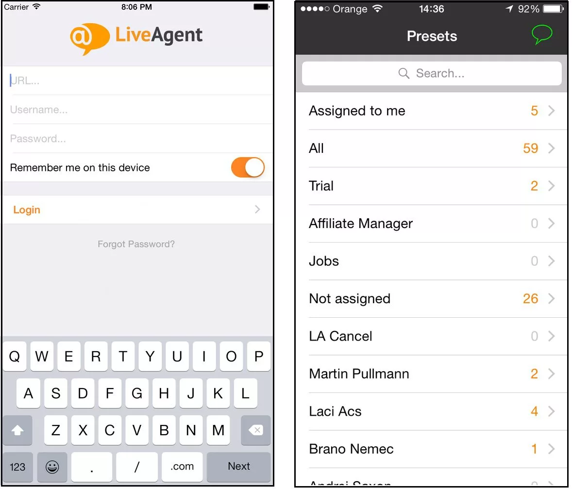 LiveAgent iOS -sovelluksen käyttöliittymä