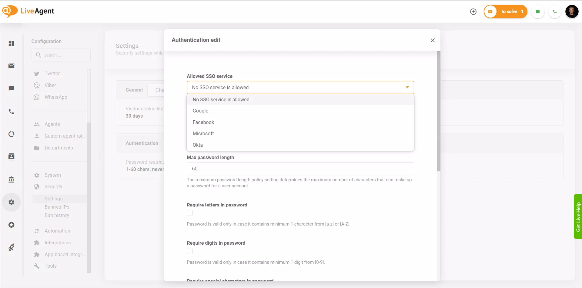 LiveAgent - SSO-palveluntarjoajat
