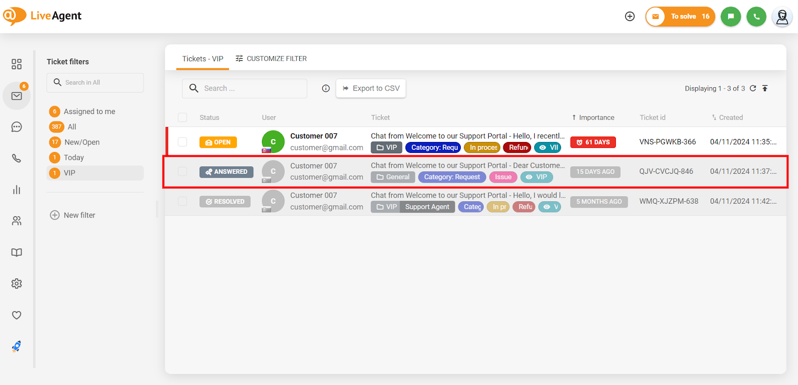 LiveAgent-käyttöliittymä, joka näyttää vaiheet keskustelun lokin vientiin