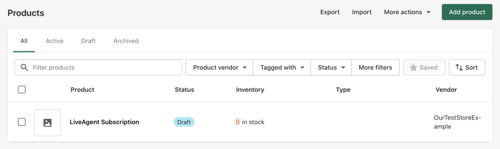 Products section in Shopify