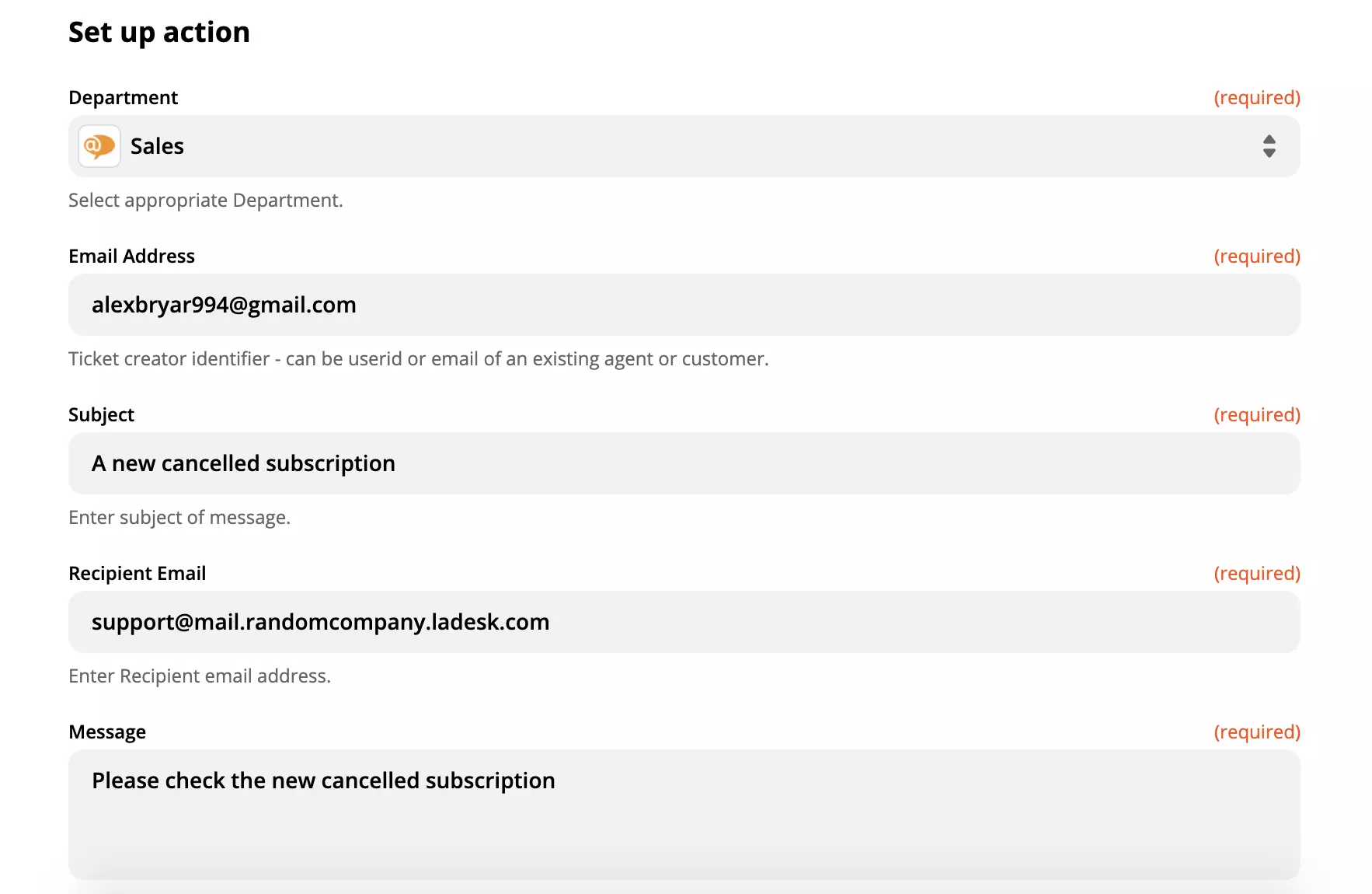 Esimerkki LiveAgent-toiminnon asetuksista