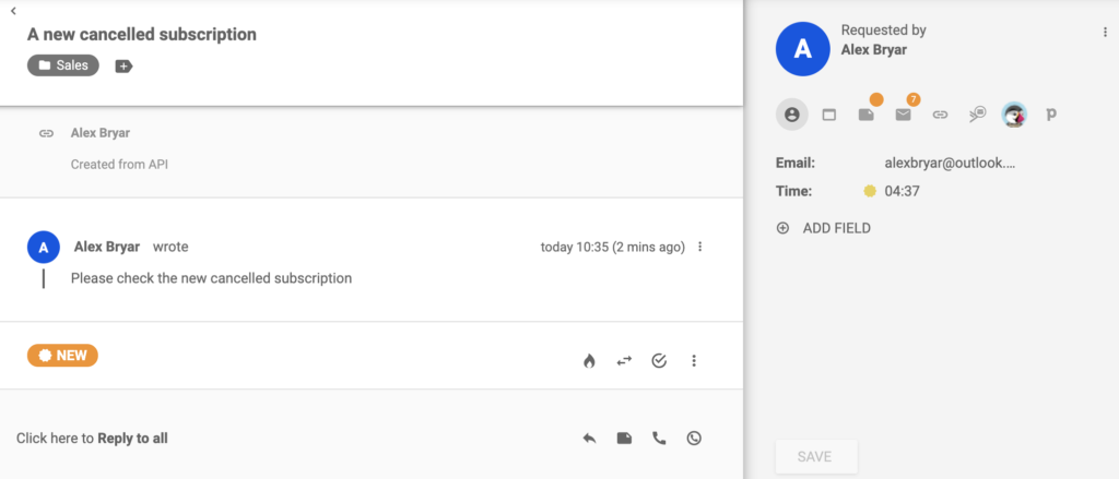 Tiketinäkymä uudesta peruutetusta tilauksesta