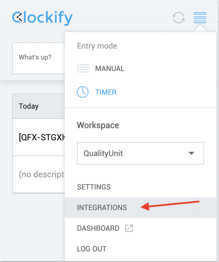 Clockify-integraatioiden valikko