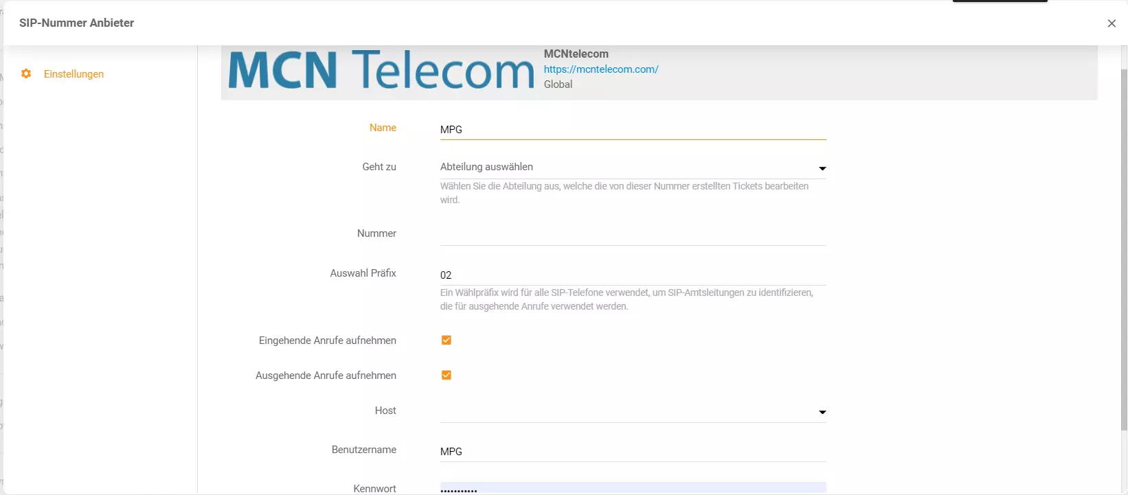 MCN Telecom LiveAgent -integraatio