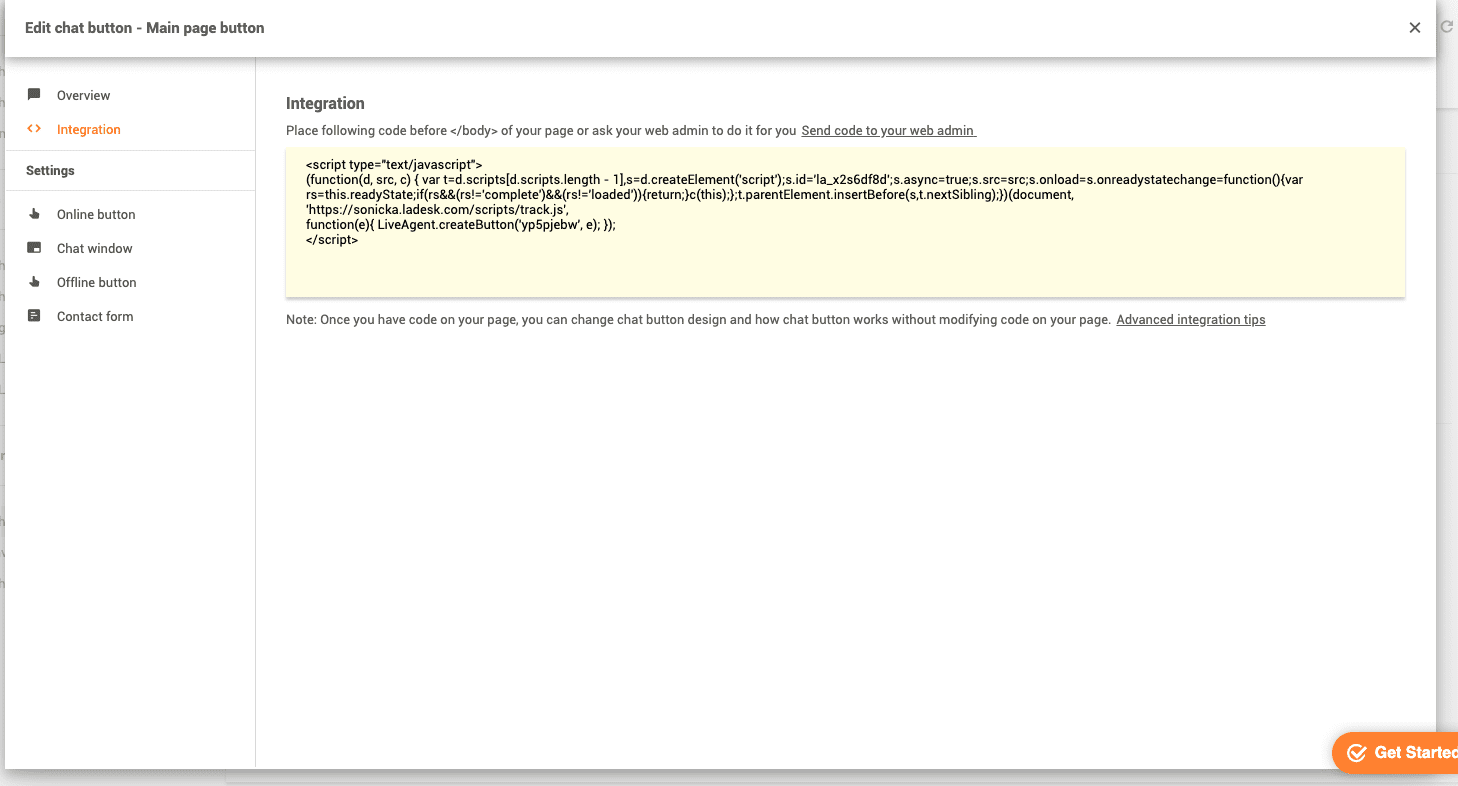 LiveAgent chat-painikkeen koodin sijainti