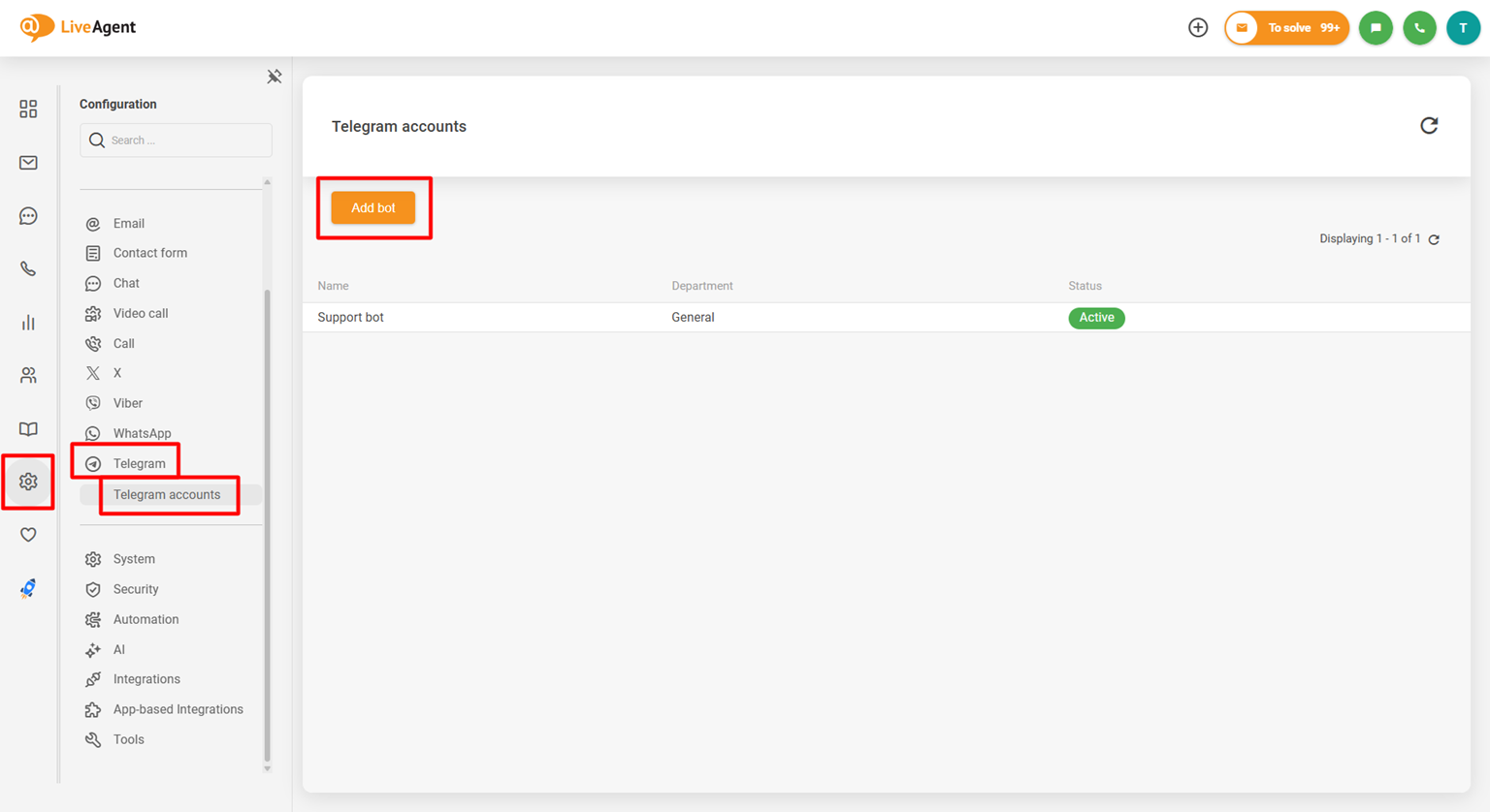 Kuvakaappaus LiveAgent Telegram-integraation määrityspaneelista, jossa näkyy Add bot -painike