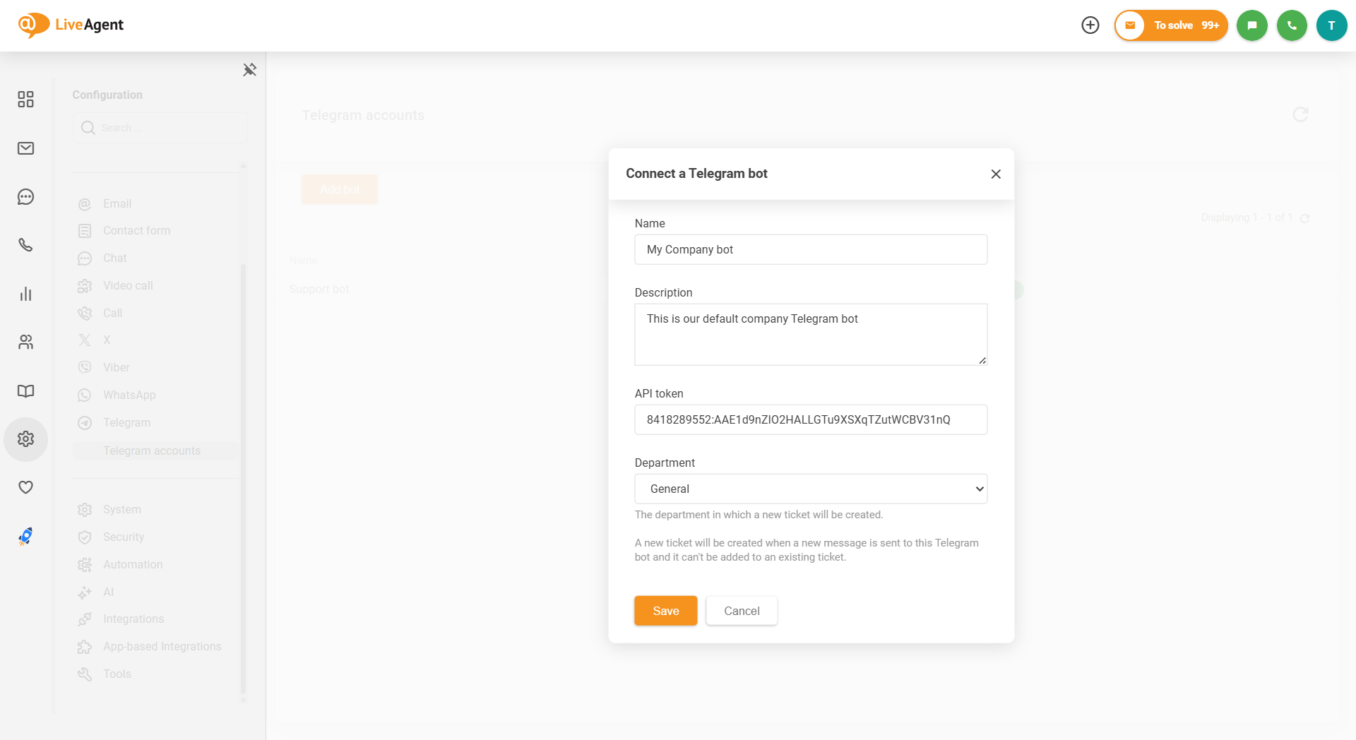 Kuvakaappaus LiveAgent Telegram-integraatiosta, miten botti yhdistetään
