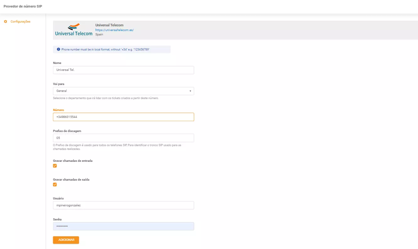 Universal Telecom -tunnistetiedot