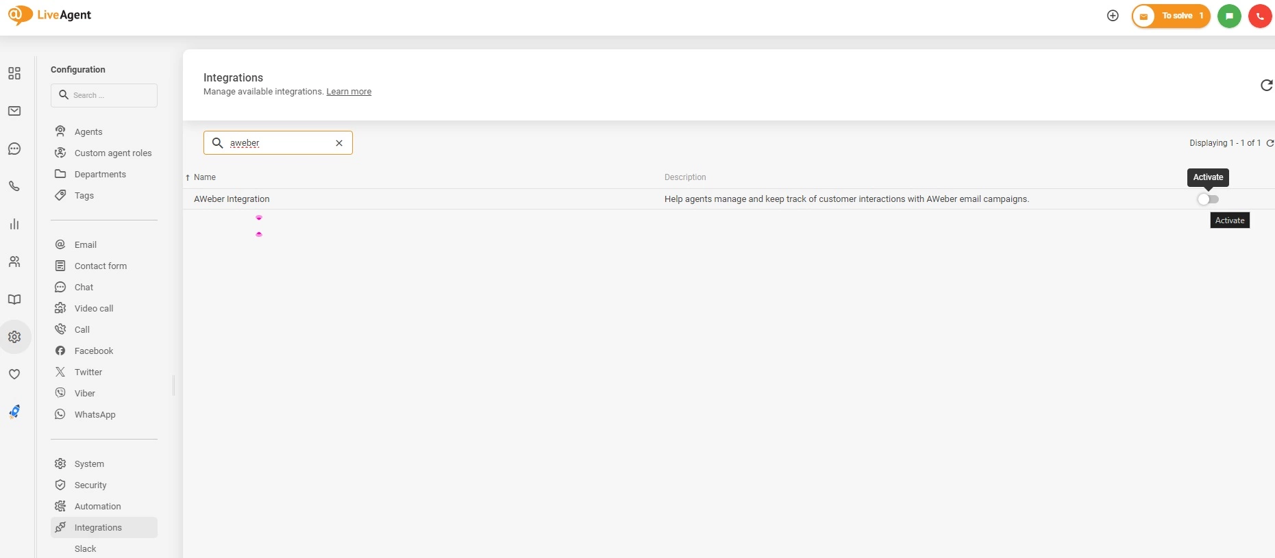 Aktivoi AWeber-integraatio LiveAgentissa