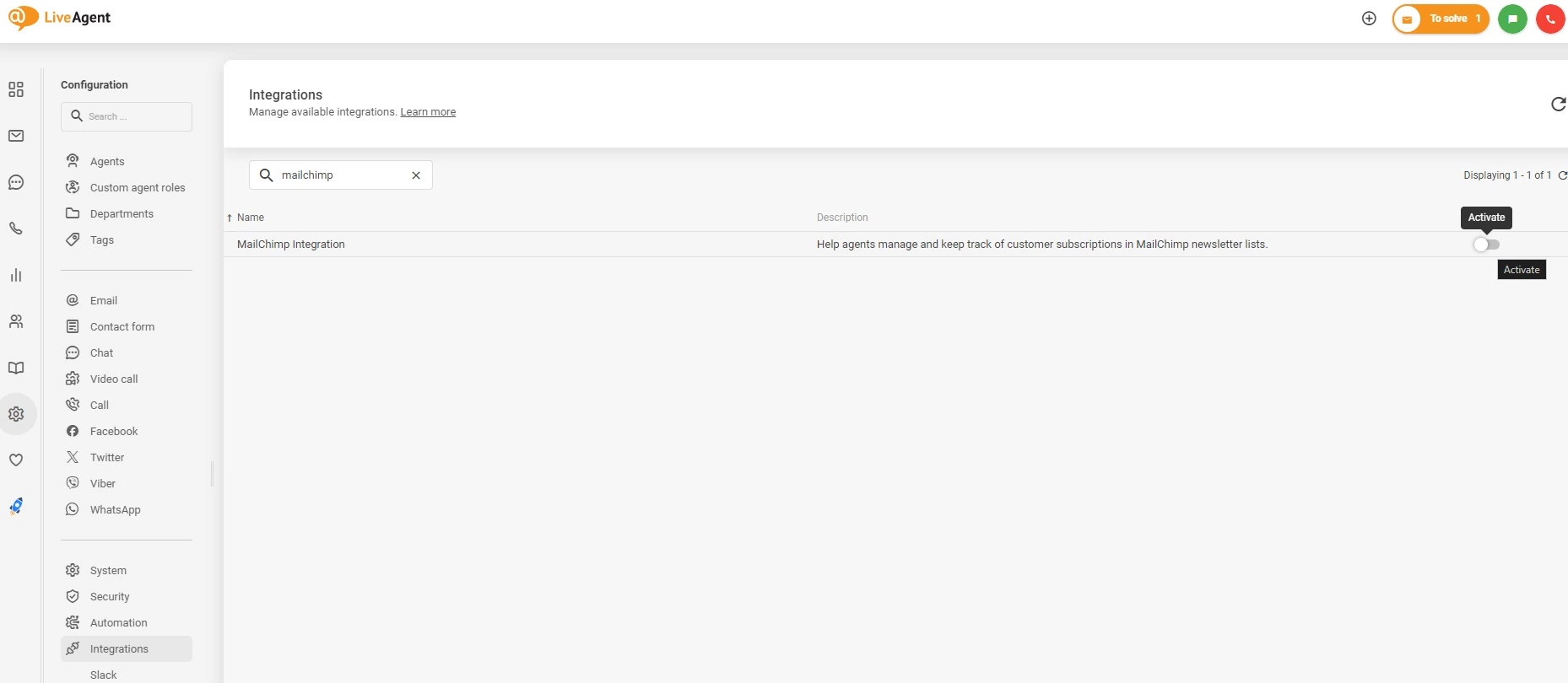 Aktivoi Mailchimp-integraatio LiveAgentissa