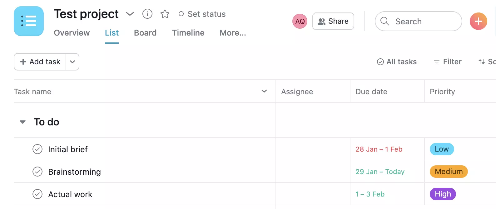 Asana-projektin esimerkki