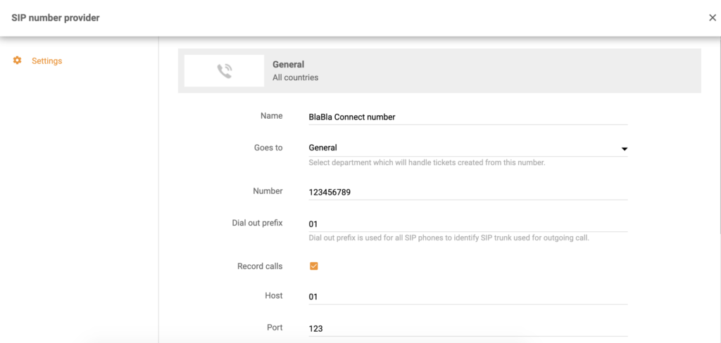 BlaBla Connect -integraation määritys LiveAgentin puheluasetuksissa