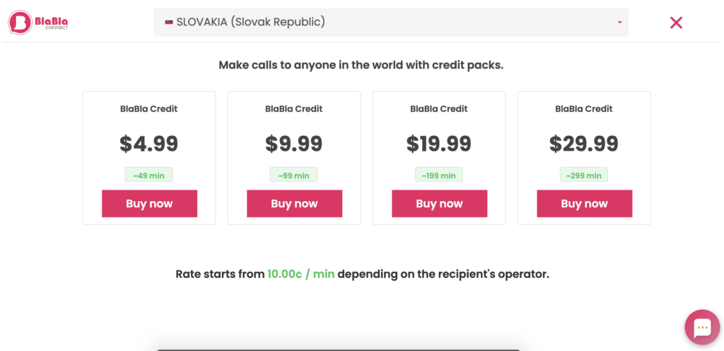 BlaBla Connect -hinnoittelusuunnitelmat verkkosivulla