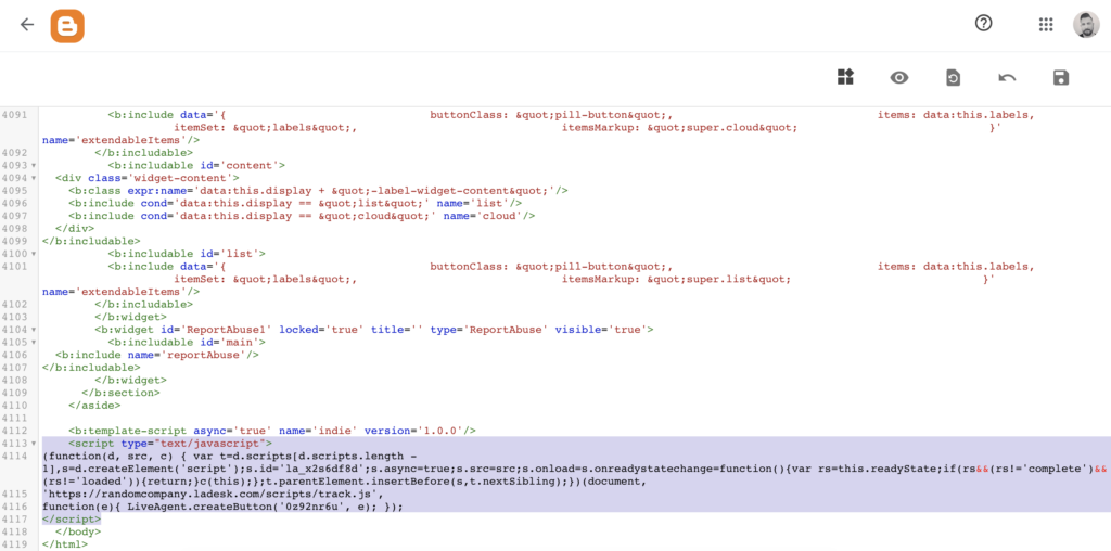 Blogger code with chat button code inserted