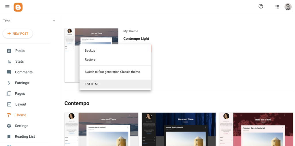 Edit HTML option in Blogger Theme settings