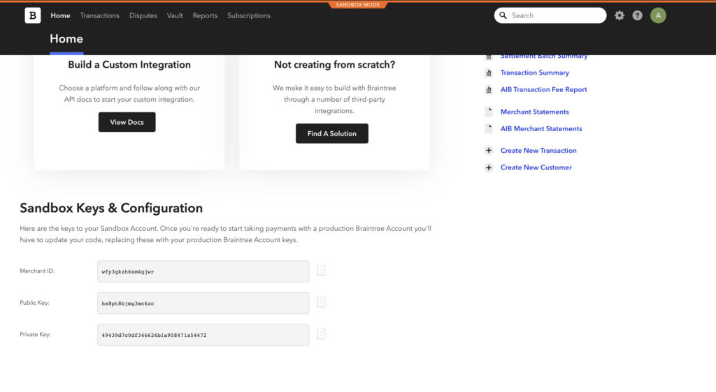 Avaimet ja konfiguraatio Braintreessa