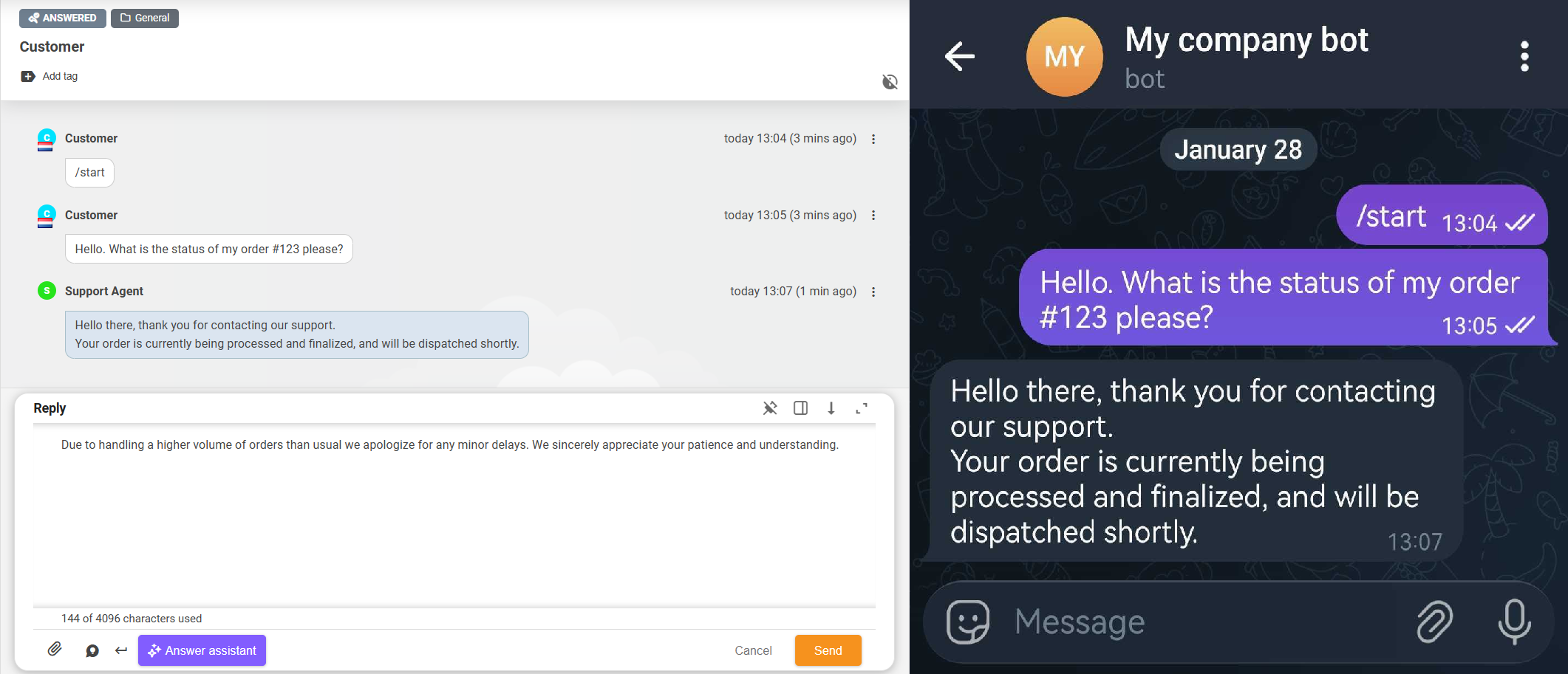 yrityksen Telegram-bottin käyttöliittymä