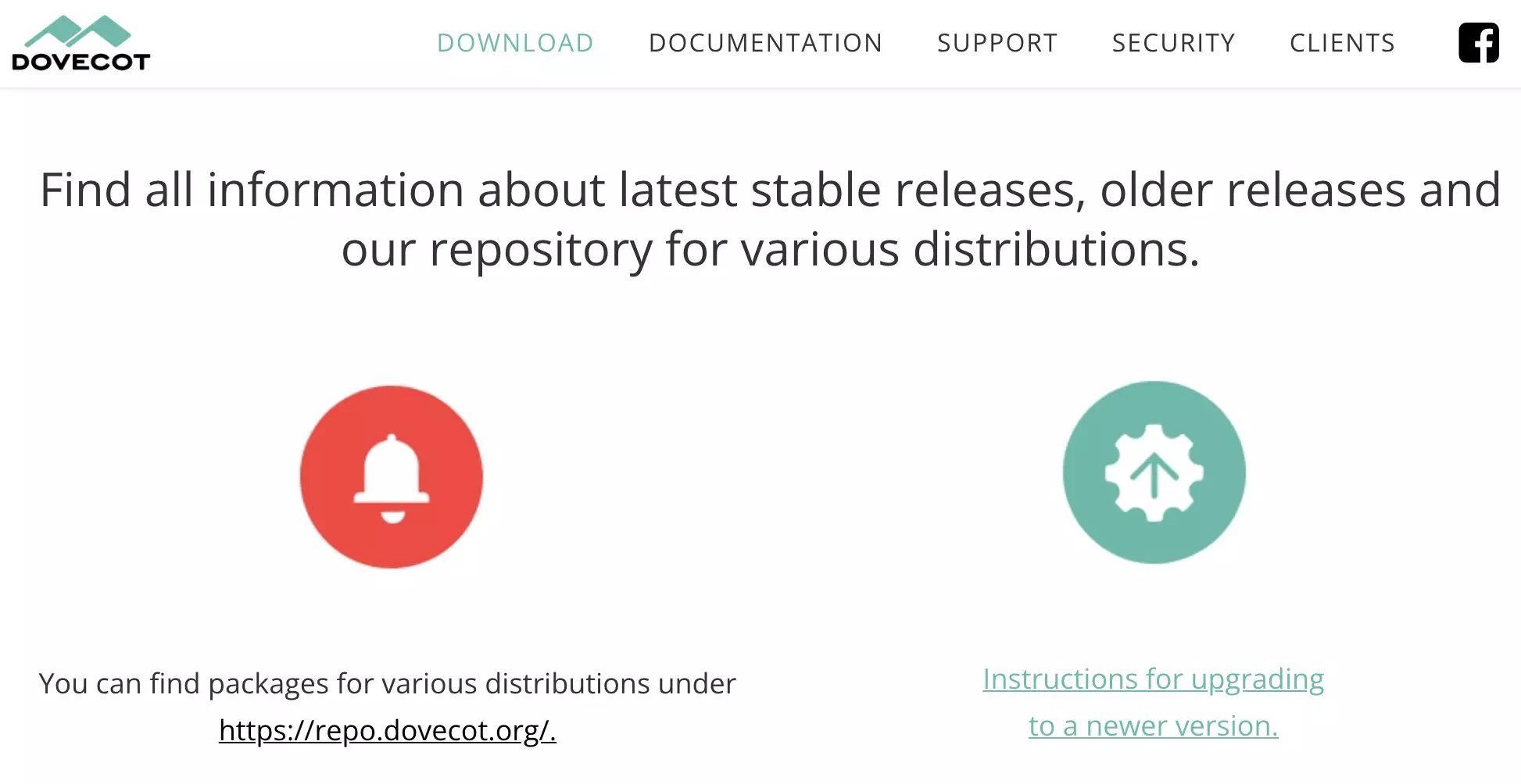 Dovecot-verkkosivusto saatavilla olevilla uusimman version latausilla
