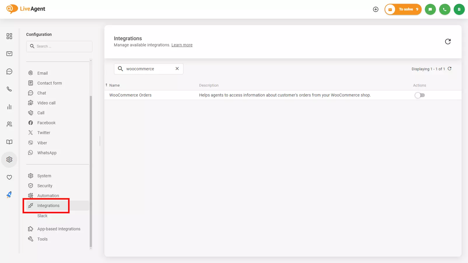 Kuva, joka näyttää WooCommerce-integraation sijainnin LiveAgentissa