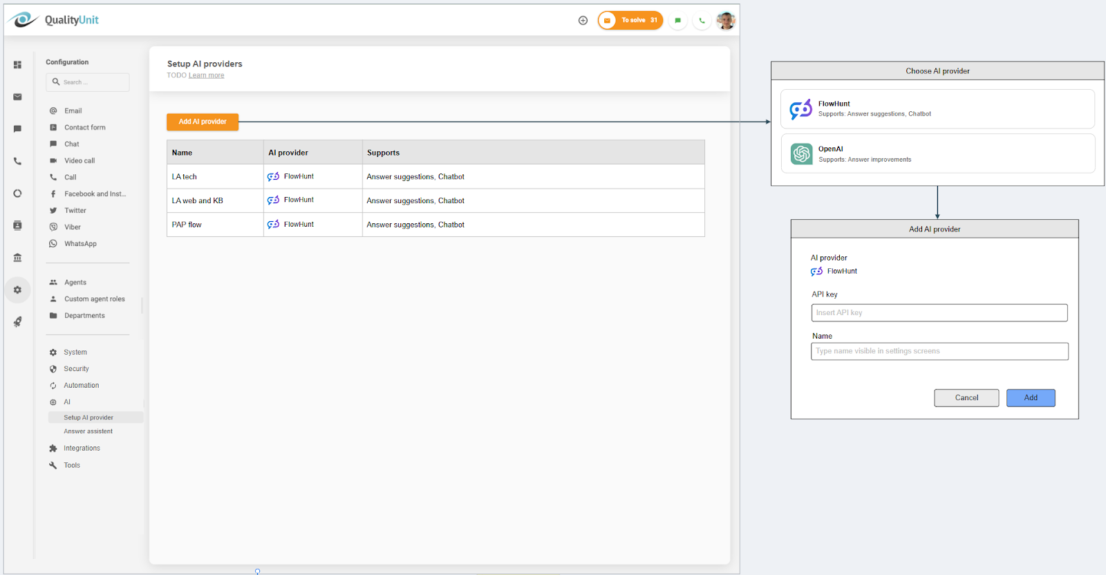 LiveAgentin AI-palveluntarjoajan yhdistäminen